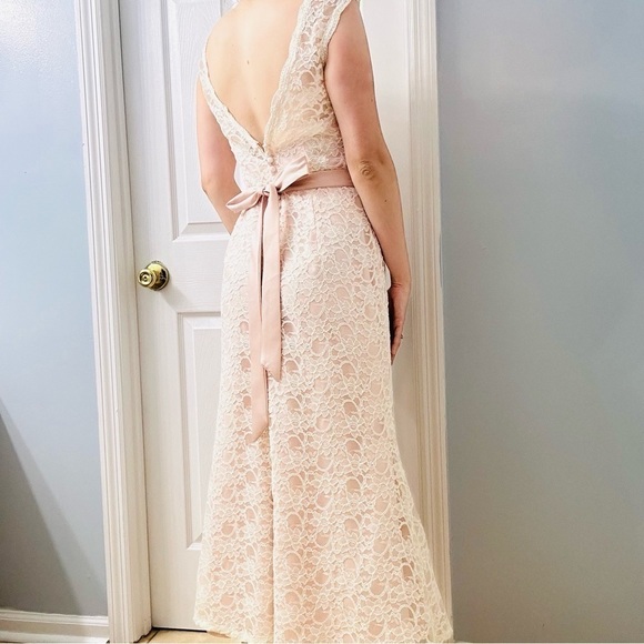 Mori Lee Dress Lace Pink White Bow Dainty Midlength Formal Cocktail Bow Size 14 - Picture 3 of 9